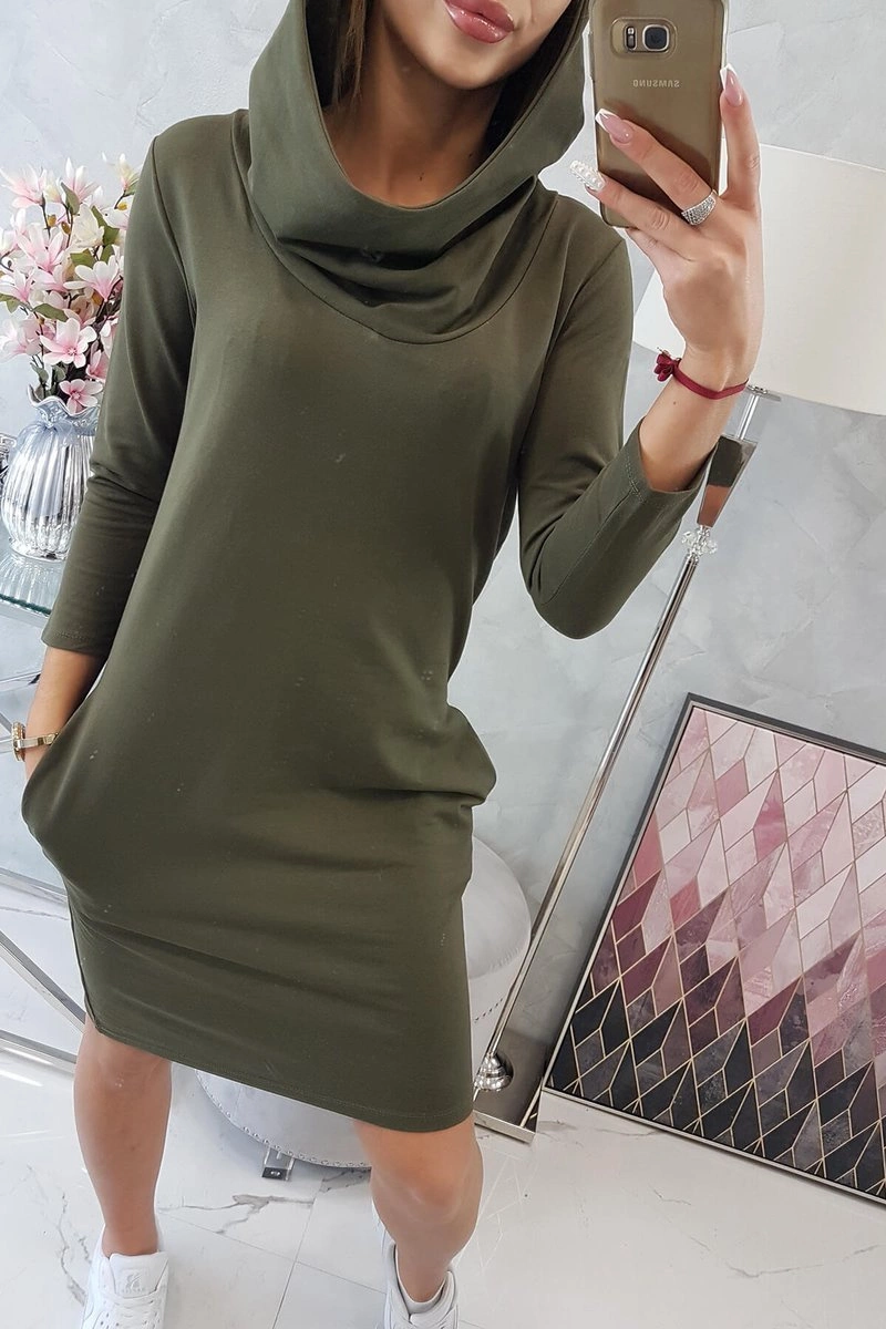 Sukienka z kapturem i kieszeniami khaki 6 Sukienka z kapturem i kieszeniami khaki - obrazek 6