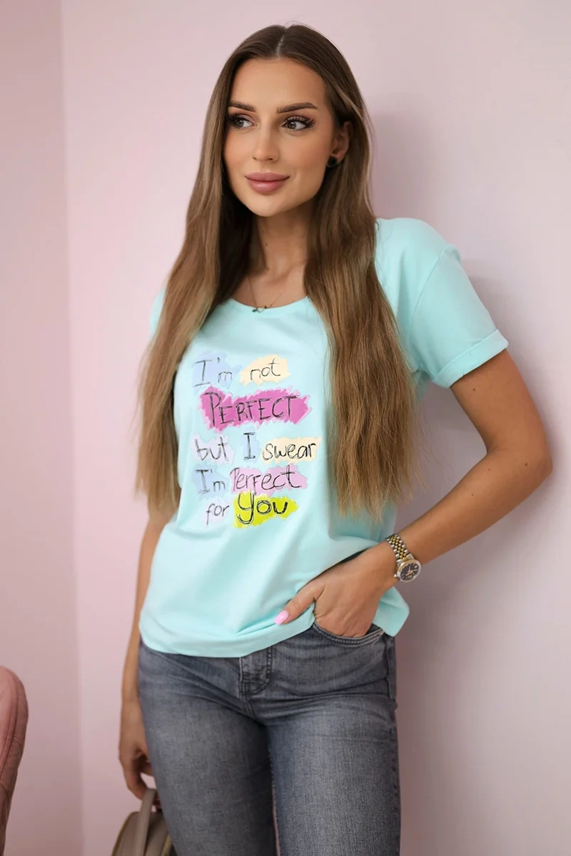 Bluzka z nadrukiem Perfect miętowa 2 Bluzka z nadrukiem Perfect miętowa - obrazek 2