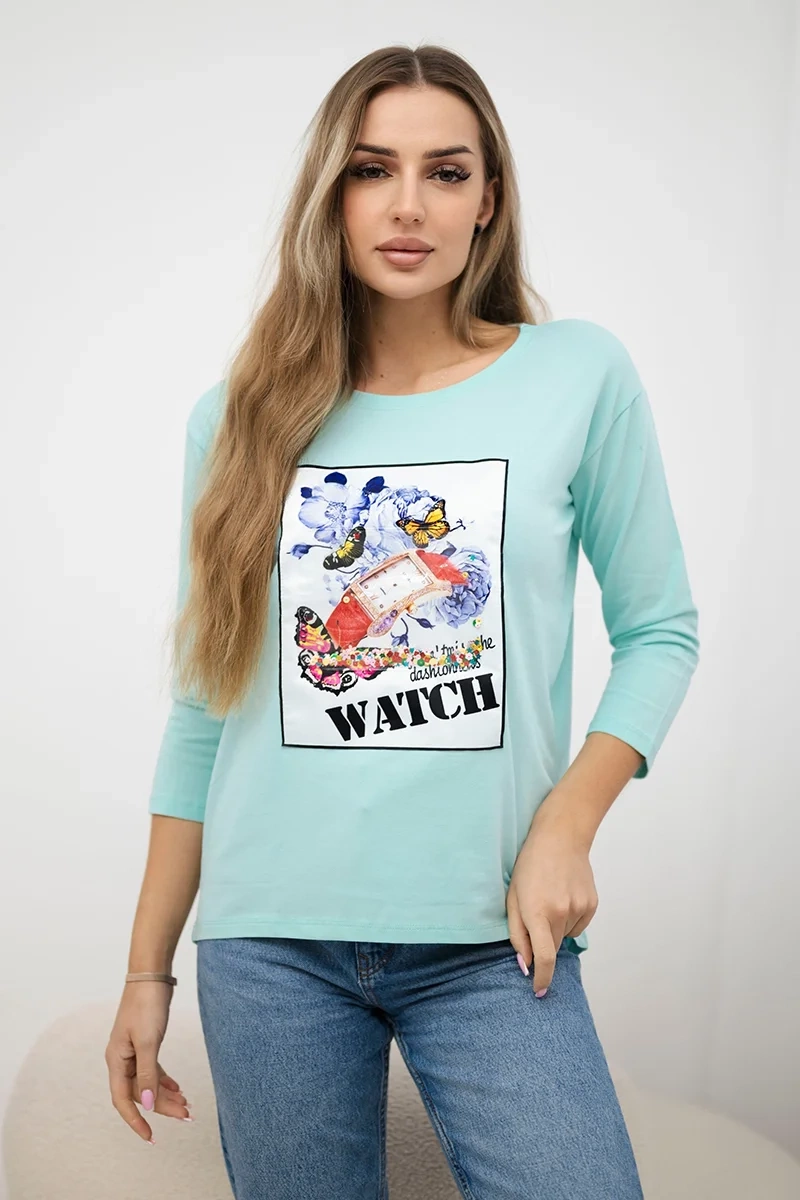 Bluzka z grafiką 3D Watch miętowa 2 Bluzka z grafiką 3D Watch miętowa - obrazek 2