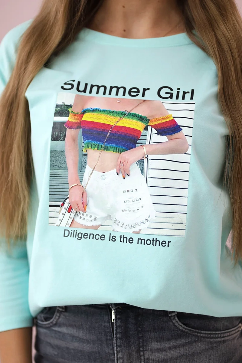 Bluzka z nadrukiem Summer Girl miętowa 4 Bluzka z nadrukiem Summer Girl miętowa - obrazek 4