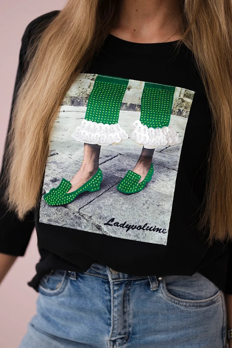 Bluzka z grafiką 3D z cyrkoniami czarna 4 Bluzka z grafiką 3D z cyrkoniami czarna - obrazek 4