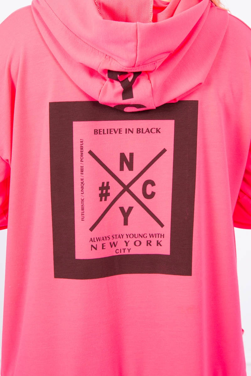Narzutka z kapturem oversize różowy neon 4 Narzutka z kapturem oversize różowy neon - obrazek 4