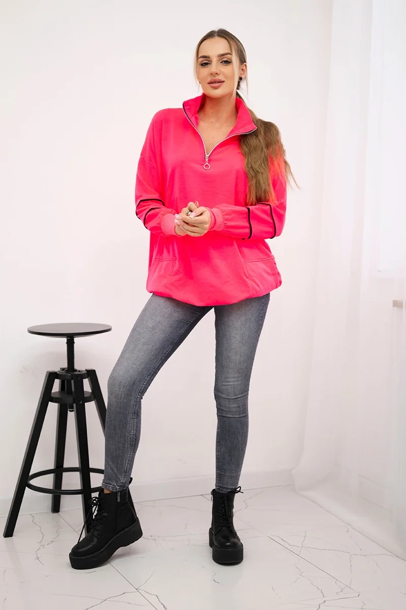 Bluza z suwakiem i kieszeniami różowy neon 2 Bluza z suwakiem i kieszeniami różowy neon - obrazek 2