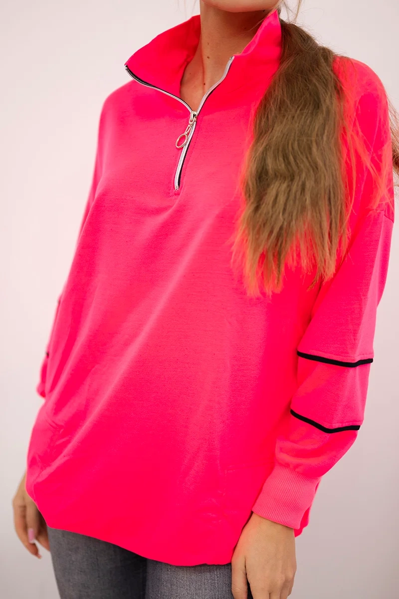 Bluza z suwakiem i kieszeniami różowy neon 4 Bluza z suwakiem i kieszeniami różowy neon - obrazek 4