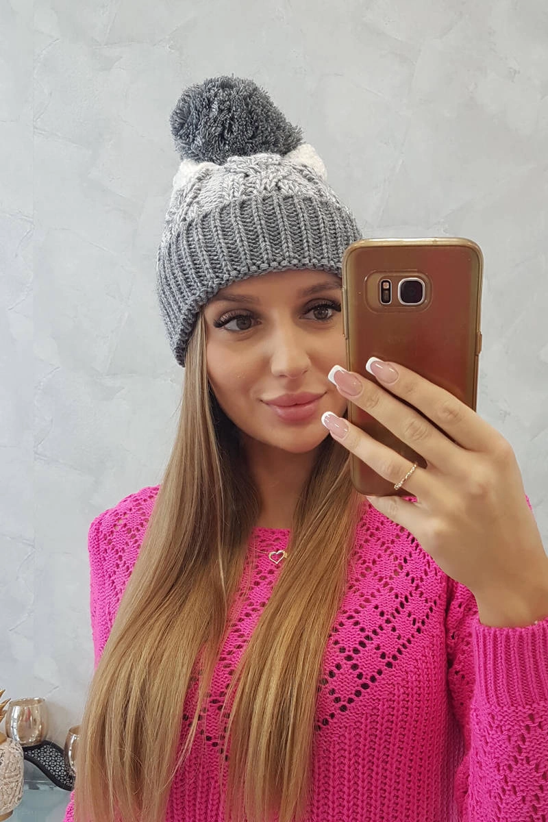 Czapka damska z pomponem Abigail K326 szary+biały 3 Czapka damska z pomponem Abigail K326 szary+biały - obrazek 3