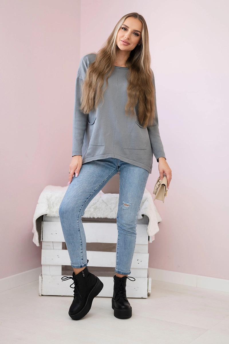 Sweter z kieszeniami z przodu szary 2 Sweter z kieszeniami z przodu szary - obrazek 2