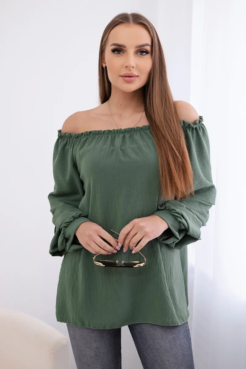 Bluzka hiszpanka z ozdobnym rękawem khaki 2 Bluzka hiszpanka z ozdobnym rękawem khaki - obrazek 2