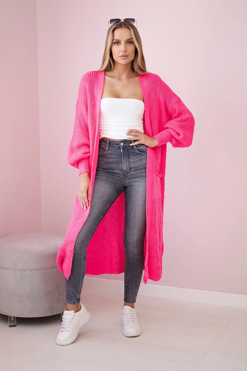 Sweter długi kardigan różowy neon 2 Sweter długi kardigan różowy neon - obrazek 2