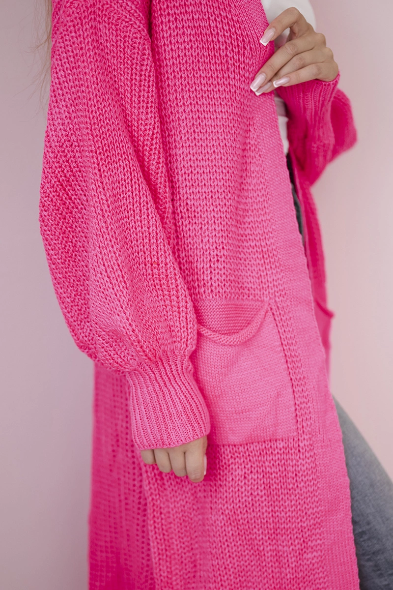 Sweter długi kardigan różowy neon 4 Sweter długi kardigan różowy neon - obrazek 4