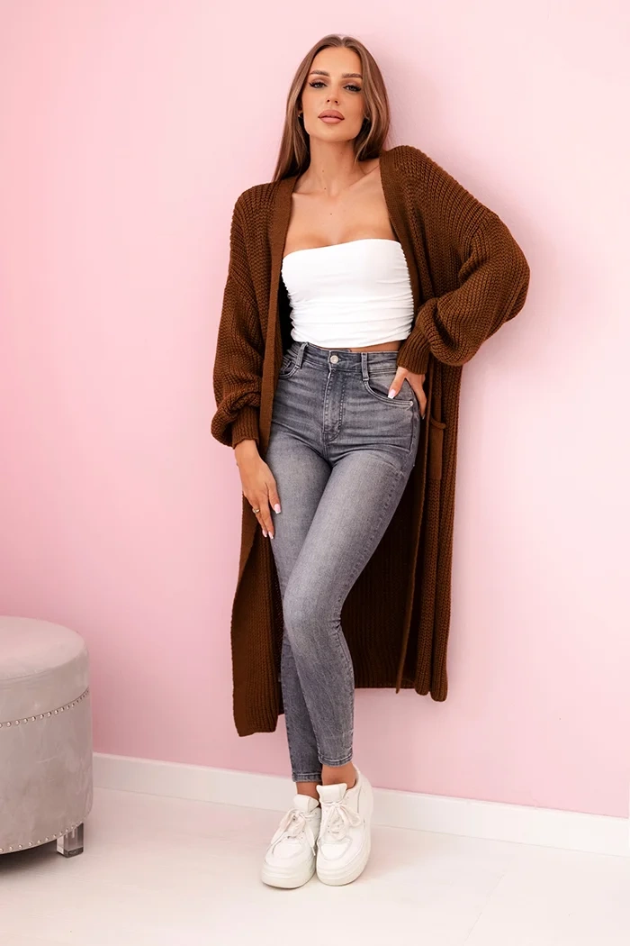 Sweter długi kardigan ciemny camelowy 2 Sweter długi kardigan ciemny camelowy - obrazek 2