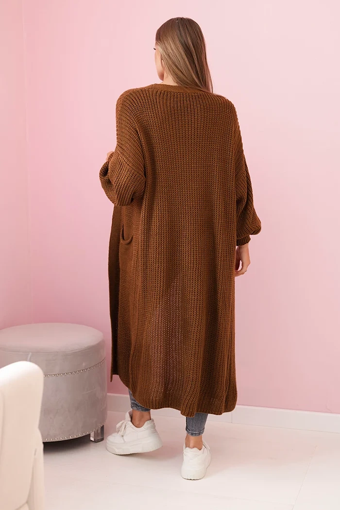 Sweter długi kardigan ciemny camelowy 3 Sweter długi kardigan ciemny camelowy - obrazek 3