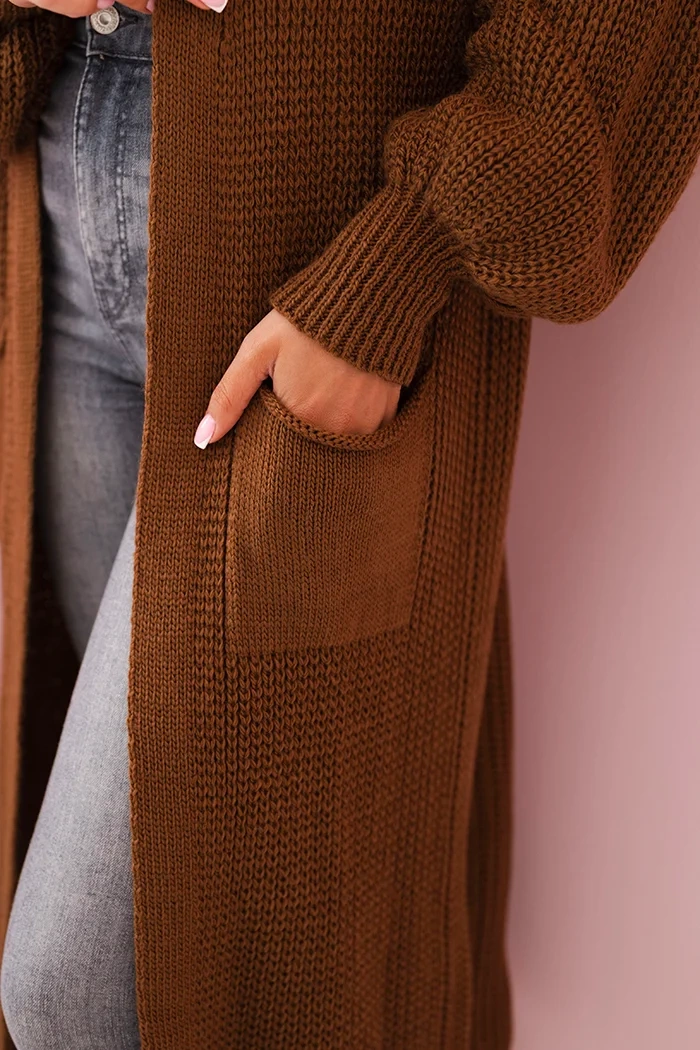 Sweter długi kardigan ciemny camelowy 4 Sweter długi kardigan ciemny camelowy - obrazek 4