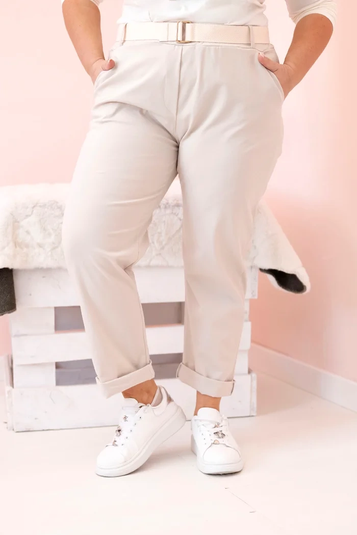 Spodnie damskie bawełniane Plus Size z paskiem beżowe 2 Spodnie damskie bawełniane Plus Size z paskiem beżowe - obrazek 2