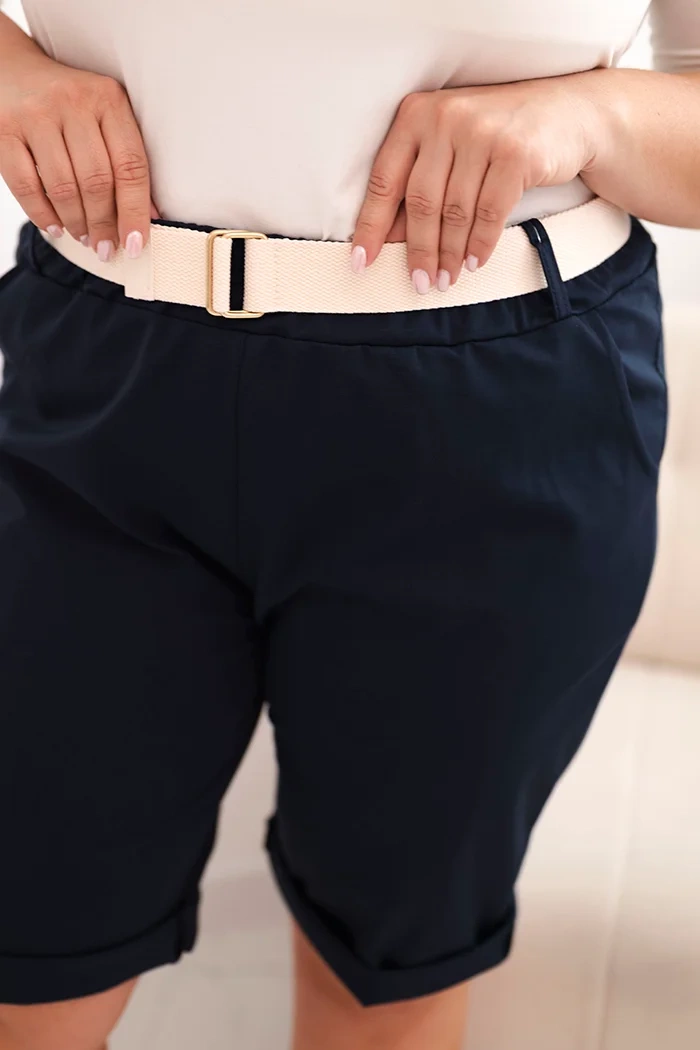 Spodenki damskie bawełniane Plus Size z paskiem granatowe 3 Spodenki damskie bawełniane Plus Size z paskiem granatowe - obrazek 3