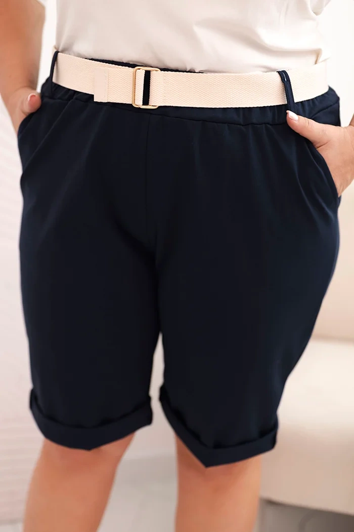 Spodenki damskie bawełniane Plus Size z paskiem granatowe 2 Spodenki damskie bawełniane Plus Size z paskiem granatowe - obrazek 2