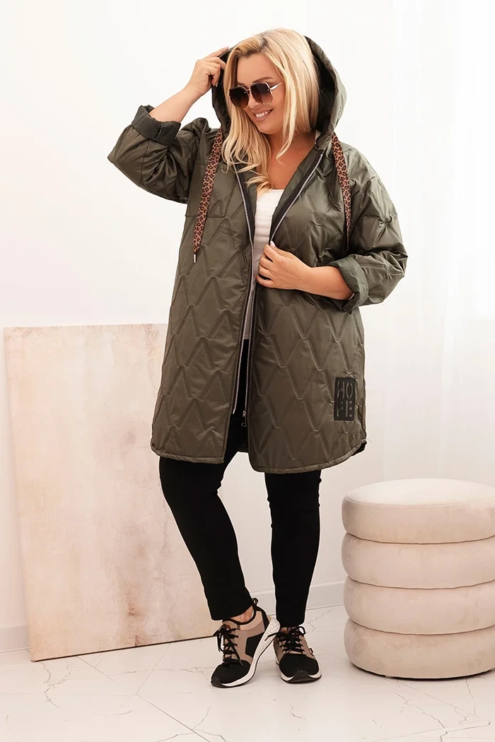 Kurtka damska Plus Size pikowana z kapturem i napisem HOPE khaki 2 Kurtka damska Plus Size pikowana z kapturem i napisem HOPE khaki - obrazek 2