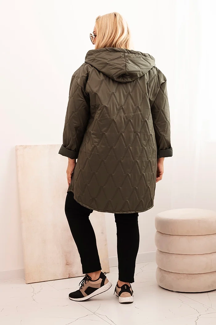Kurtka damska Plus Size pikowana z kapturem i napisem HOPE khaki 3 Kurtka damska Plus Size pikowana z kapturem i napisem HOPE khaki - obrazek 3