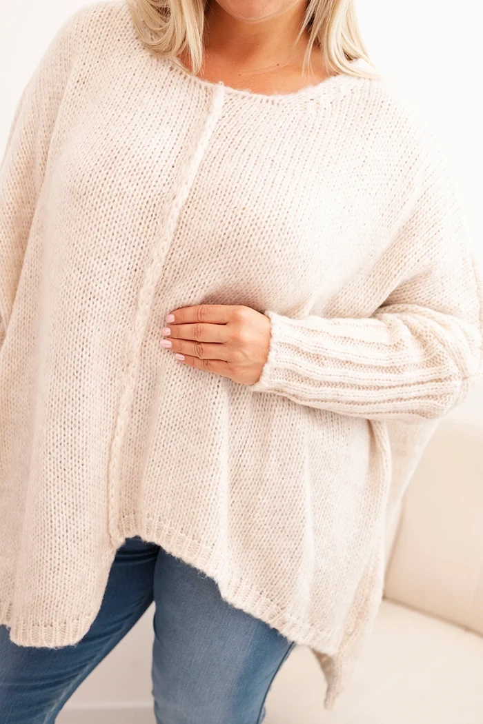 Sweter damski Plus Size z akrylem o luźnym kroju i rękawem 3/4 beżowy 4 Sweter damski Plus Size z akrylem o luźnym kroju i rękawem 3/4 beżowy - obrazek 4