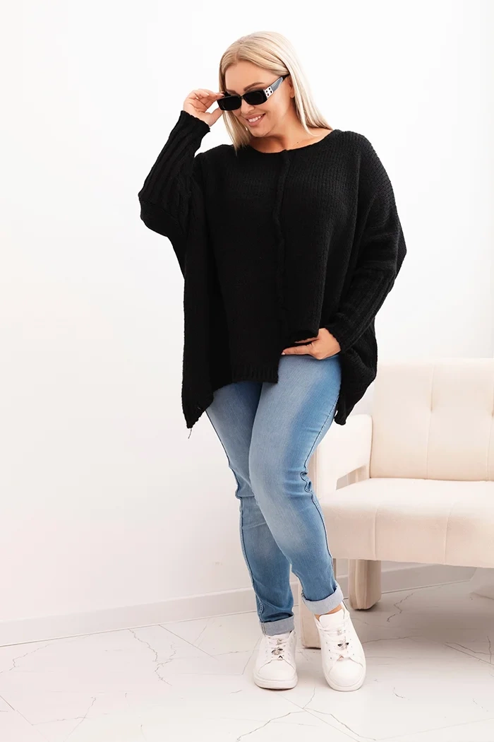 Sweter damski Plus Size z akrylem o luźnym kroju i rękawem 3/4 czarny 2 Sweter damski Plus Size z akrylem o luźnym kroju i rękawem 3/4 czarny - obrazek 2