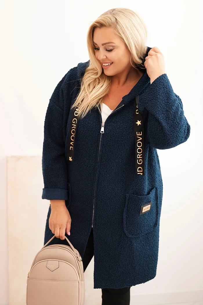 Płaszcz damski Plus Size ze sztucznego baranka z kapturem i kieszeniami granatowy