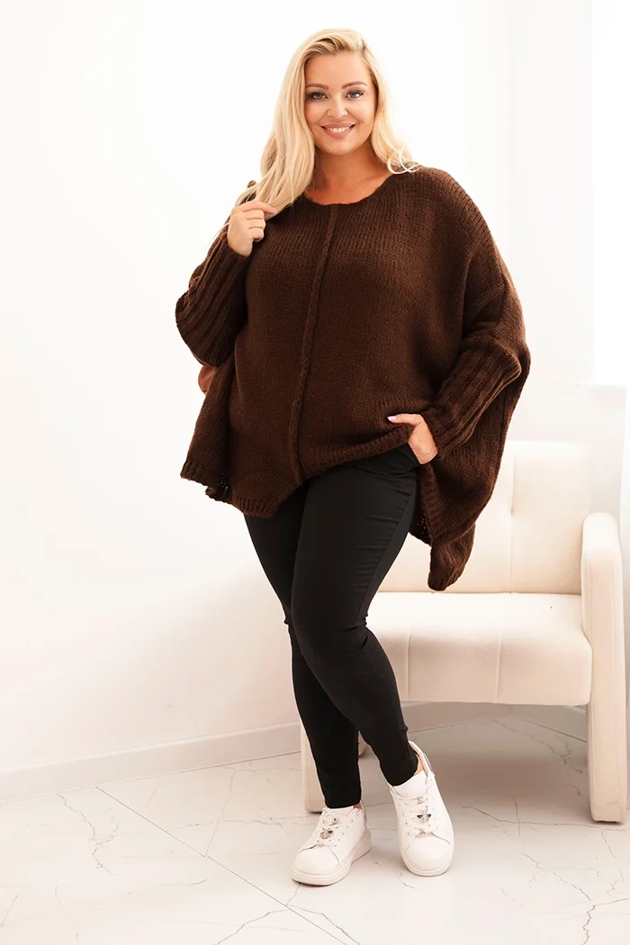 Sweter damska Plus Size z akrylem o luźnym kroju i rękawem 3/4 brązowy 2 Sweter damska Plus Size z akrylem o luźnym kroju i rękawem 3/4 brązowy - obrazek 2