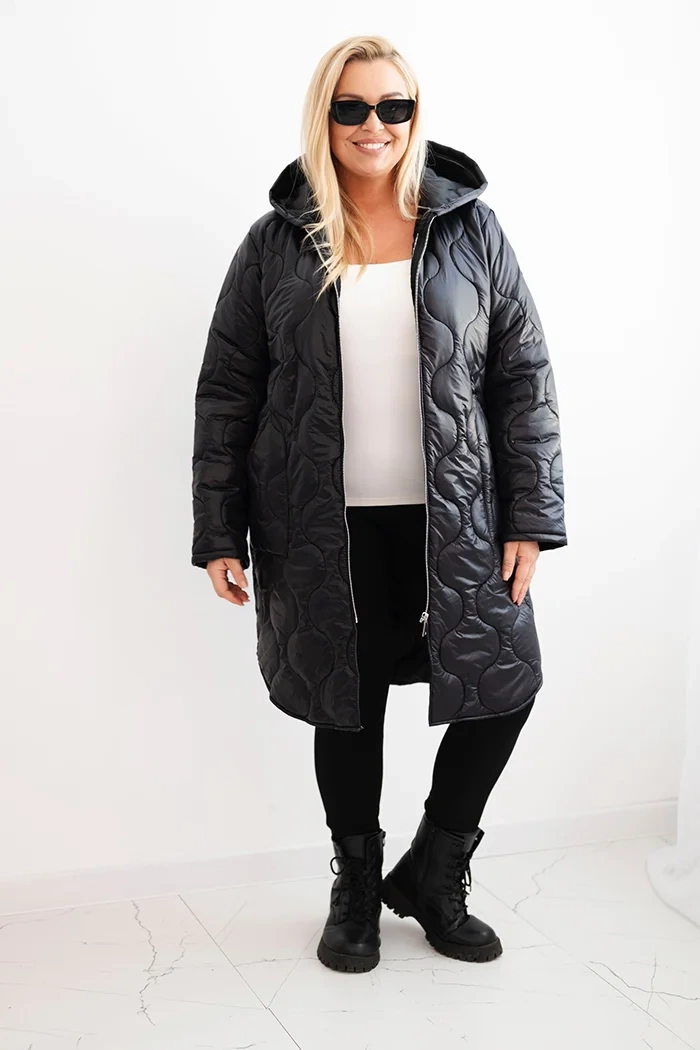 Kurtka damska Plus Size zimowa pikowana z kapturem czarna 2 Kurtka damska Plus Size zimowa pikowana z kapturem czarna - obrazek 2