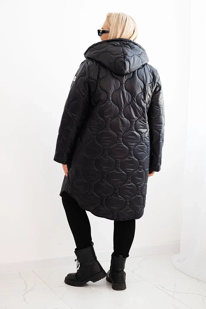 Kurtka damska Plus Size zimowa pikowana z kapturem czarna 3 Kurtka damska Plus Size zimowa pikowana z kapturem czarna - obrazek 3