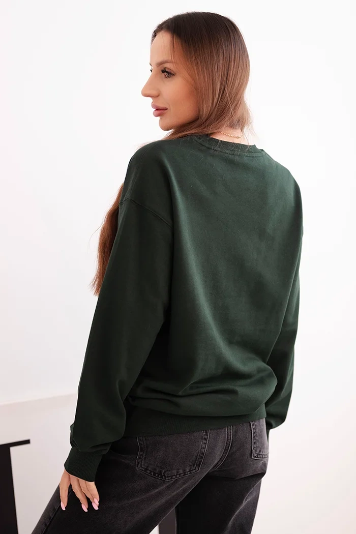 Bluza damska pętelkowa bawełniana basic z okrągłym dekoltem ciemno zielona 3 Bluza damska pętelkowa bawełniana basic z okrągłym dekoltem ciemno zielona - obrazek 3