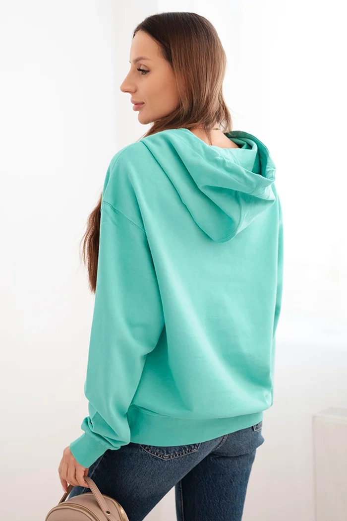 Bluza damska pętelkowa bawełniana z kapturem i kieszenią kangurką miętowa 3 Bluza damska pętelkowa bawełniana z kapturem i kieszenią kangurką miętowa - obrazek 3