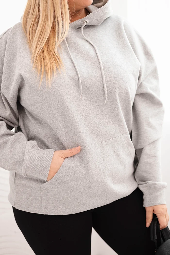 Bluza damska pętelkowa Plus Size bawełniana z kapturem i kieszenią kangurką szara 4 Bluza damska pętelkowa Plus Size bawełniana z kapturem i kieszenią kangurką szara - obrazek 4