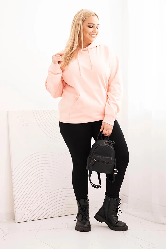 Bluza damska pętelkowa Plus Size bawełniana z kapturem i kieszenią kangurką łososiowa 2 Bluza damska pętelkowa Plus Size bawełniana z kapturem i kieszenią kangurką łososiowa - obrazek 2