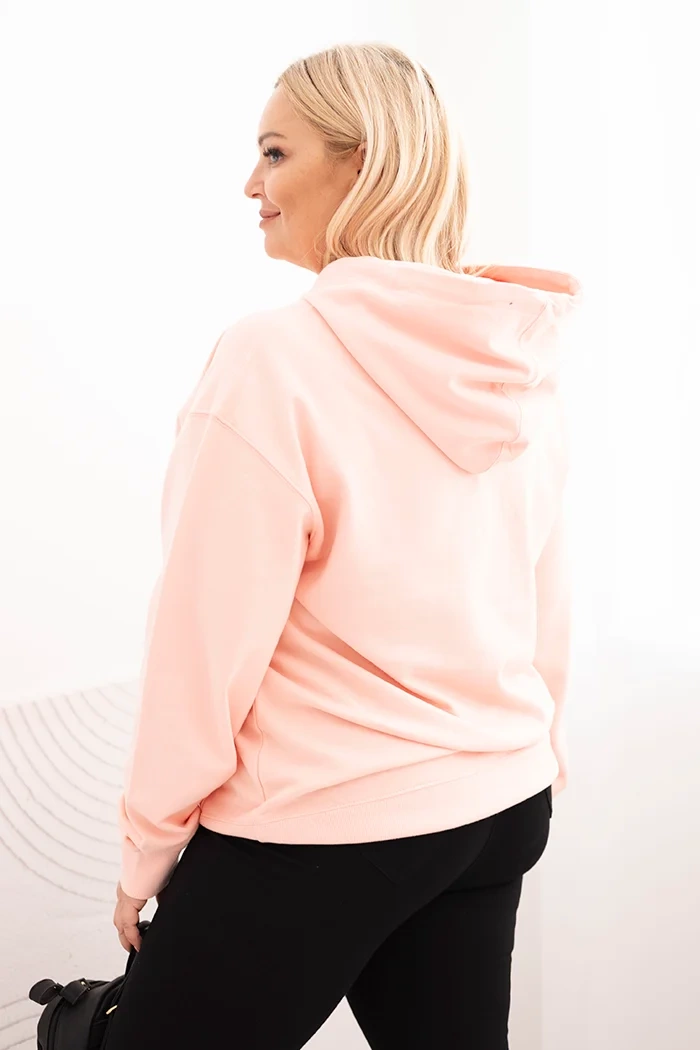 Bluza damska pętelkowa Plus Size bawełniana z kapturem i kieszenią kangurką łososiowa 3 Bluza damska pętelkowa Plus Size bawełniana z kapturem i kieszenią kangurką łososiowa - obrazek 3