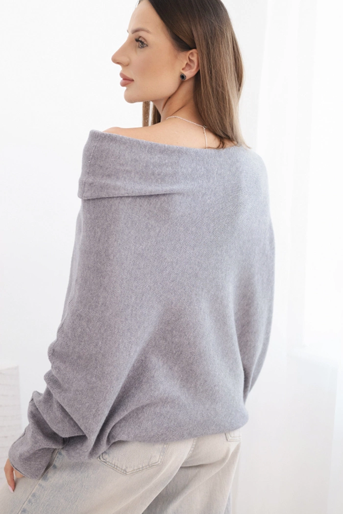 Sweter damski wiskozowy asymetryczny typu nietoperz szary 4 Sweter damski wiskozowy asymetryczny typu nietoperz szary - obrazek 4
