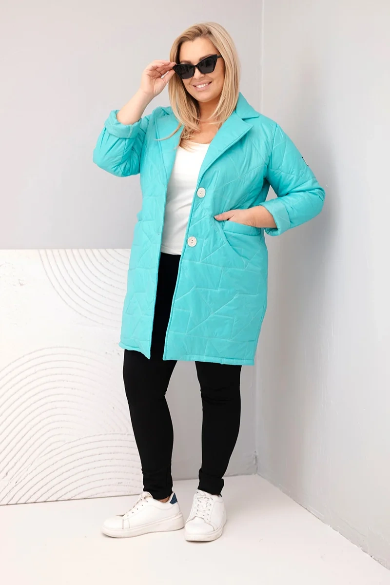 Kurtka damska Plus Size pikowana z ozdobnymi guzikami i kołnierzem ciemno miętowa 2 Kurtka damska Plus Size pikowana z ozdobnymi guzikami i kołnierzem ciemno miętowa - obrazek 2