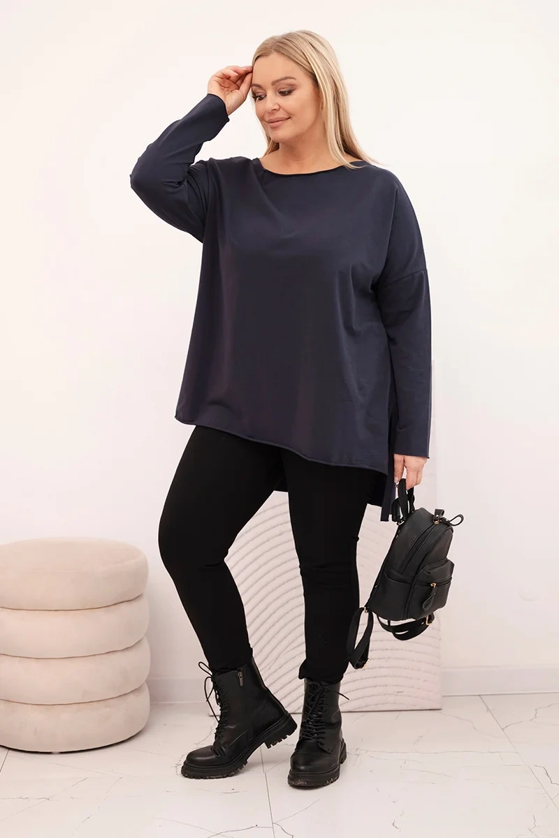 Bluzka damska bawełniana Plus Size asymetryczna z długim rękawem granatowa 2 Bluzka damska bawełniana Plus Size asymetryczna z długim rękawem granatowa - obrazek 2
