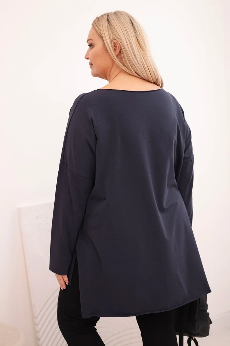 Bluzka damska bawełniana Plus Size asymetryczna z długim rękawem granatowa 3 Bluzka damska bawełniana Plus Size asymetryczna z długim rękawem granatowa - obrazek 3