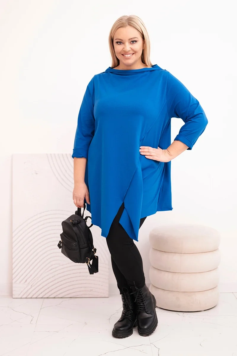 Bluzka damska bawełniana Plus Size asymetryczna z podwijanym rękawem chabrowa 2 Bluzka damska bawełniana Plus Size asymetryczna z podwijanym rękawem chabrowa - obrazek 2