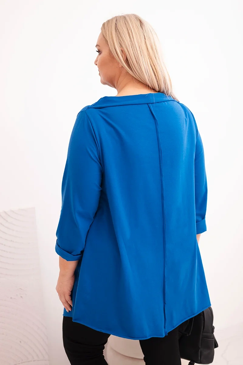 Bluzka damska bawełniana Plus Size asymetryczna z podwijanym rękawem chabrowa 3 Bluzka damska bawełniana Plus Size asymetryczna z podwijanym rękawem chabrowa - obrazek 3