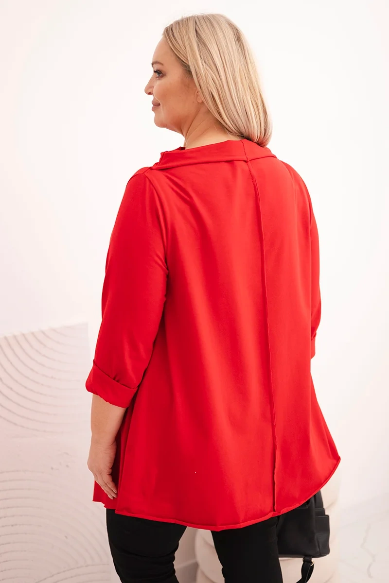 Bluzka damska bawełniana Plus Size asymetryczna z podwijanym rękawem czerwona 3 Bluzka damska bawełniana Plus Size asymetryczna z podwijanym rękawem czerwona - obrazek 3