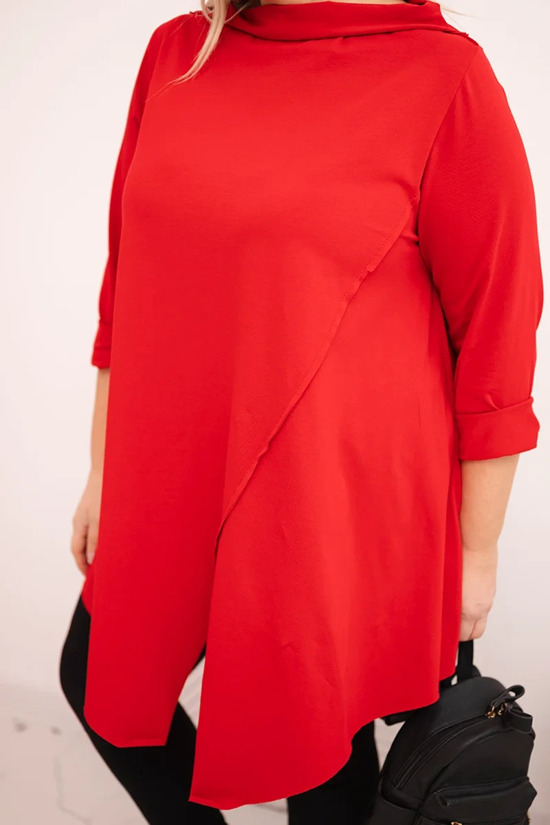 Bluzka damska bawełniana Plus Size asymetryczna z podwijanym rękawem czerwona 4 Bluzka damska bawełniana Plus Size asymetryczna z podwijanym rękawem czerwona - obrazek 4