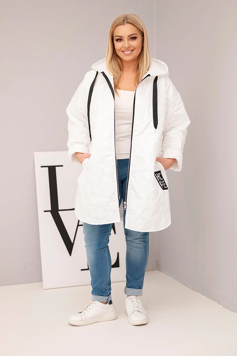 Kurtka damska Plus Size pikowana z kapturem i napisem HOPE biała 2 Kurtka damska Plus Size pikowana z kapturem i napisem HOPE biała - obrazek 2