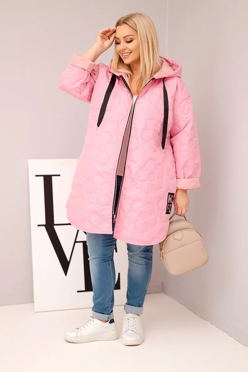 Kurtka damska Plus Size pikowana z kapturem i napisem HOPE cukierkowy róż 2 Kurtka damska Plus Size pikowana z kapturem i napisem HOPE cukierkowy róż - obrazek 2