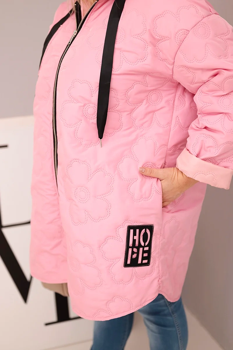 Kurtka damska Plus Size pikowana z kapturem i napisem HOPE cukierkowy róż 4 Kurtka damska Plus Size pikowana z kapturem i napisem HOPE cukierkowy róż - obrazek 4