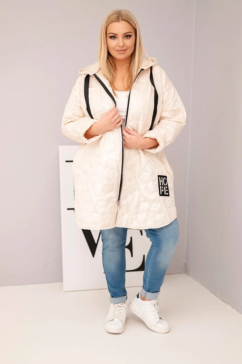 Kurtka damska Plus Size pikowana z kapturem i napisem HOPE jasno beżowa 2 Kurtka damska Plus Size pikowana z kapturem i napisem HOPE jasno beżowa - obrazek 2