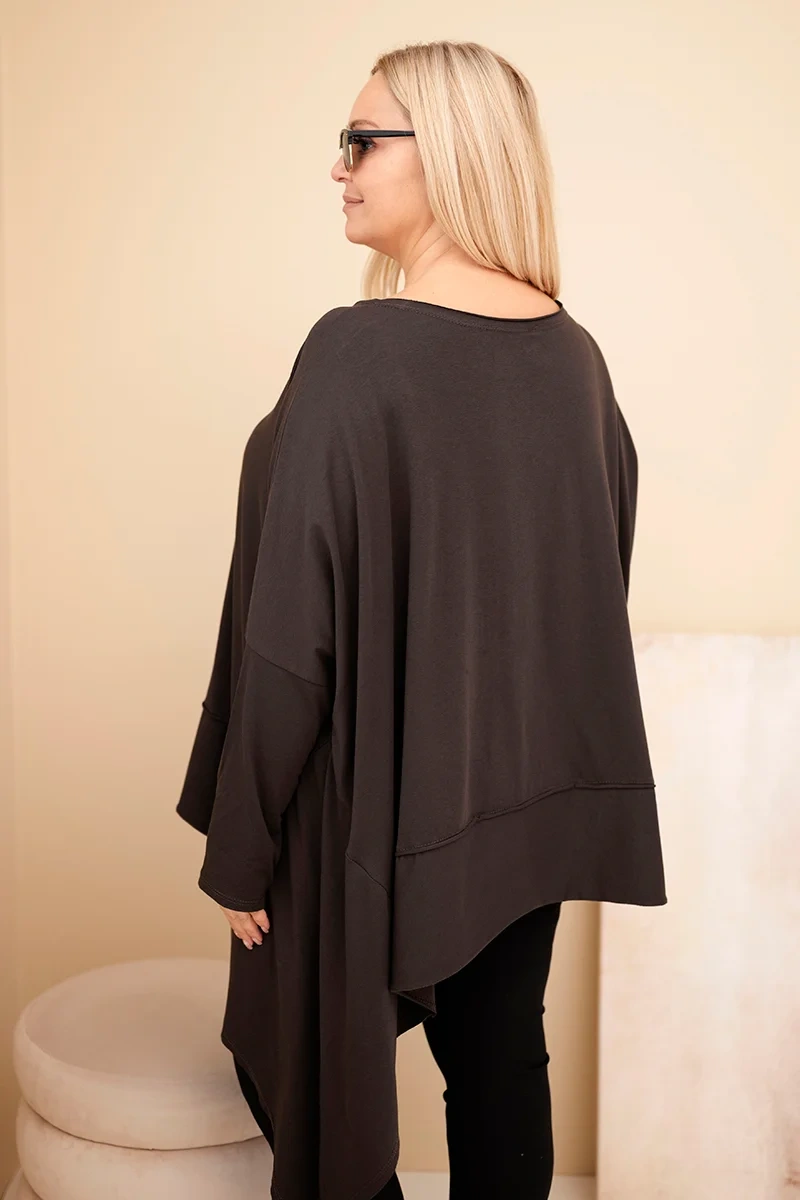 Tunika damska Plus Size z bawełny z asymetrycznym dołem brązowa 3 Tunika damska Plus Size z bawełny z asymetrycznym dołem brązowa - obrazek 3