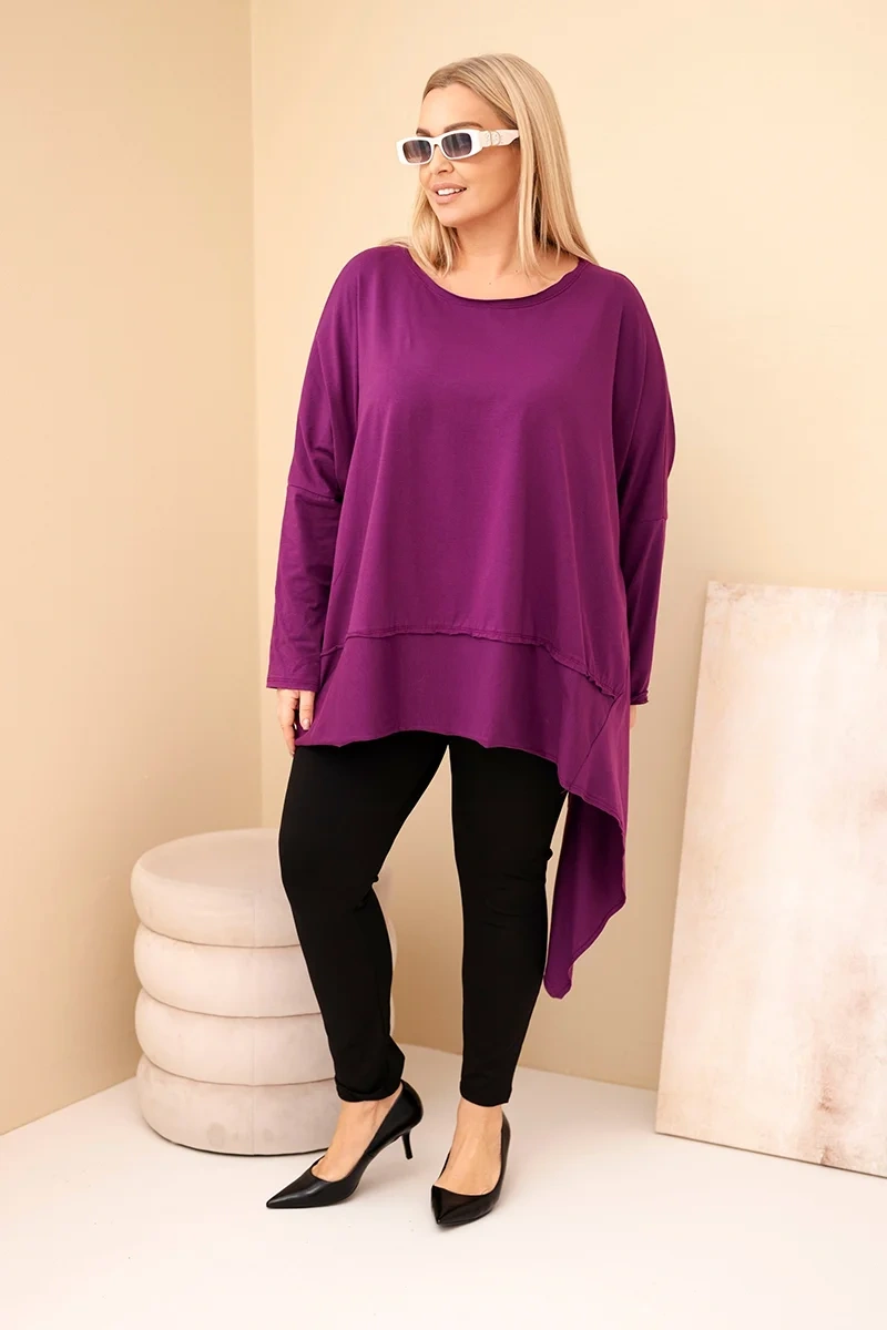 Tunika damska Plus Size z bawełny z asymetrycznym dołem ciemno fioletowa 2 Tunika damska Plus Size z bawełny z asymetrycznym dołem ciemno fioletowa - obrazek 2