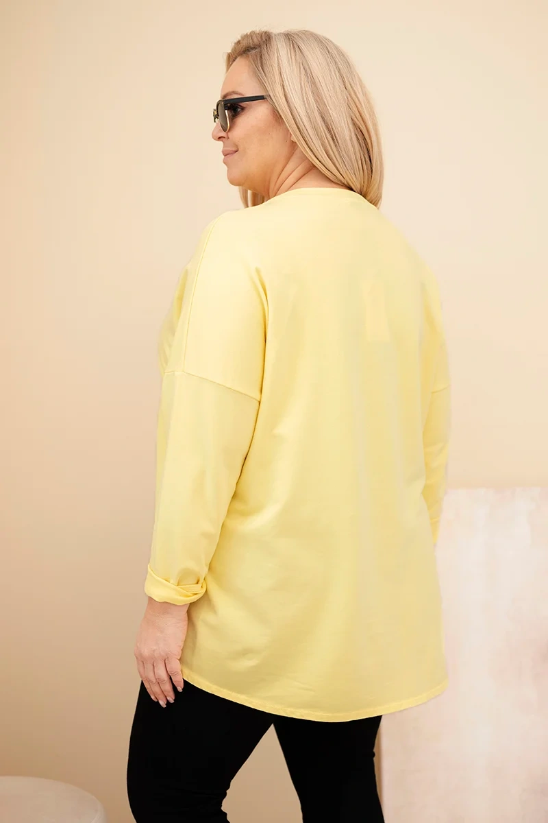 Bluzka damska Plus Size bawełniana z podwijanym rękawem i lampasem w panterkę żółty 3 Bluzka damska Plus Size bawełniana z podwijanym rękawem i lampasem w panterkę żółty - obrazek 3