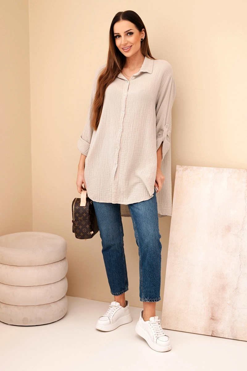 Koszula bawełniana muślinowa Plus Size ciemno beżowa 2 Koszula bawełniana muślinowa Plus Size ciemno beżowa - obrazek 2