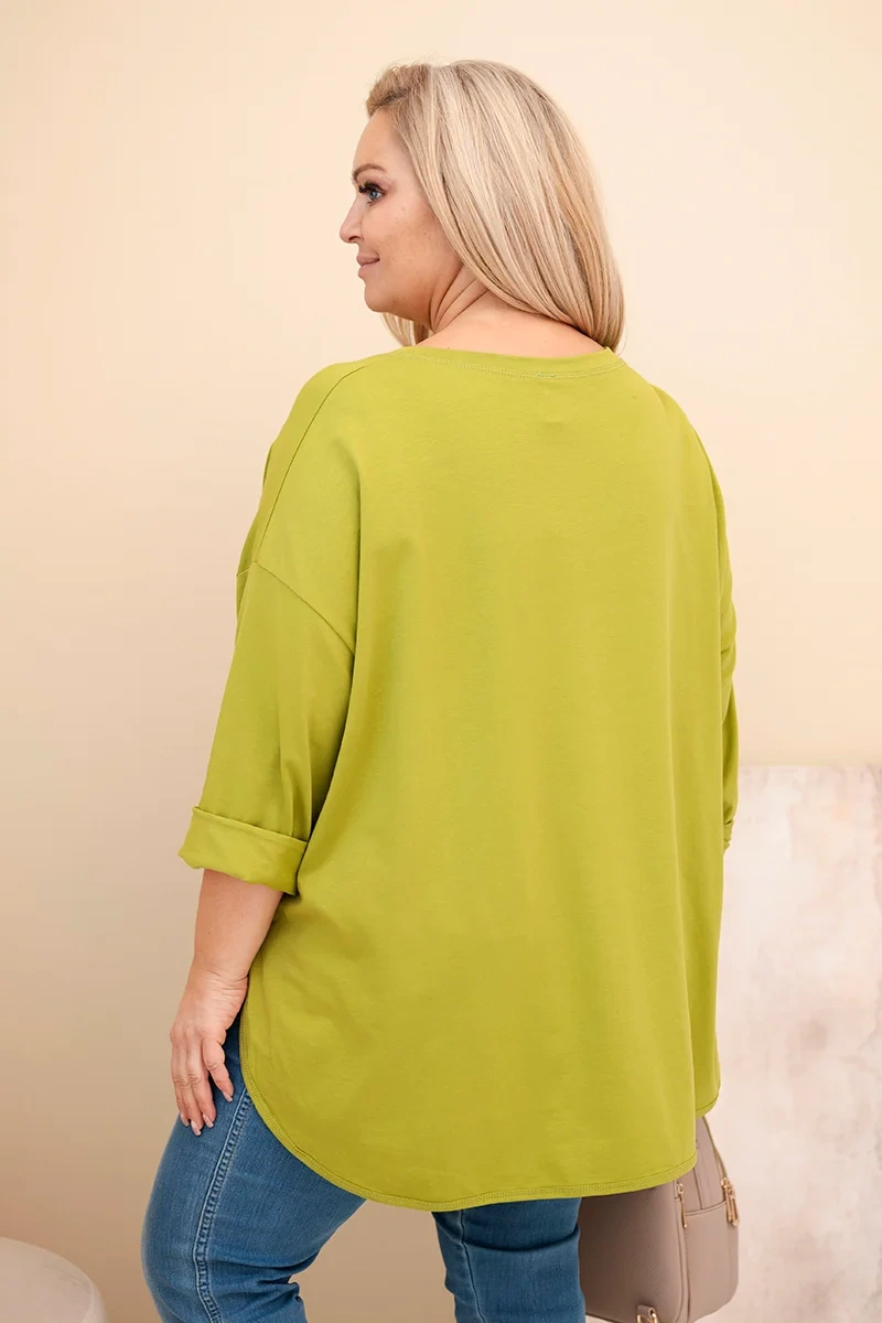 Bluzka damska Plus Size z bawełną z kieszenią i rękawem podwijanym oliwkowa 3 Bluzka damska Plus Size z bawełną z kieszenią i rękawem podwijanym oliwkowa - obrazek 3