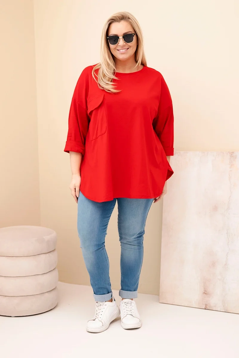 Bluzka damska Plus Size z bawełną z kieszenią i rękawem podwijanym czerwona 2 Bluzka damska Plus Size z bawełną z kieszenią i rękawem podwijanym czerwona - obrazek 2